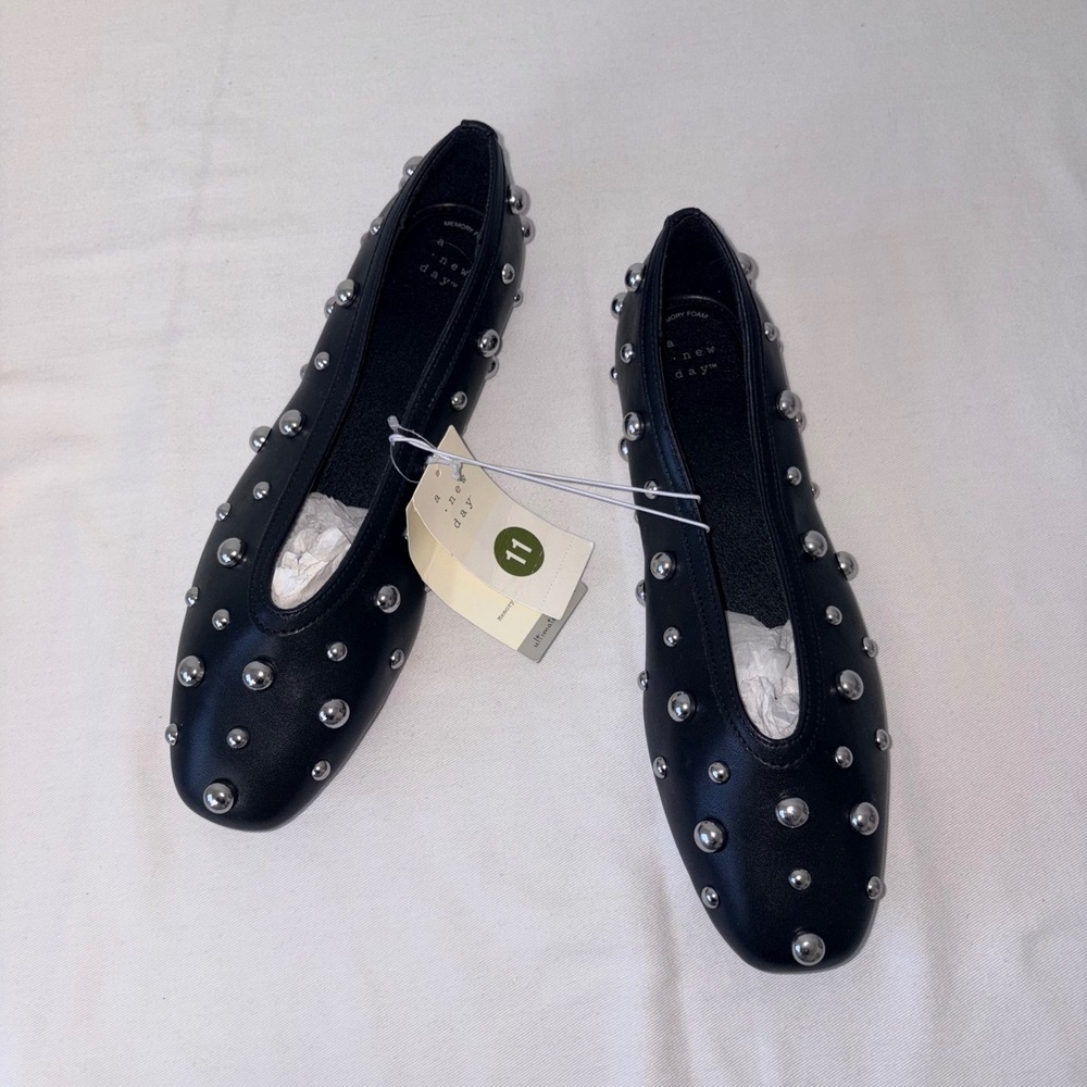 A New Day Sammie Black Studded Square Toe Ballet Flats Womens 11 NEW